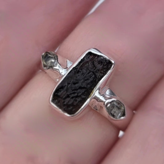 Moldavite and Pakimer Quartz Ring