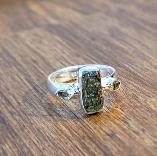 Moldavite and Pakimer Quartz Ring