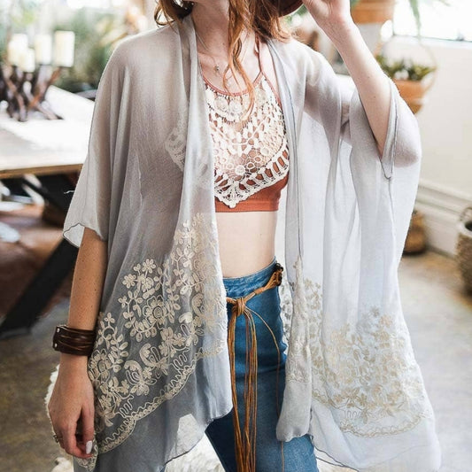 stiched lace kimono- smoke