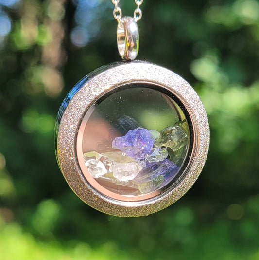 Reverseable Moldavite, Tanzanite and Herkimer Diamond Pendant