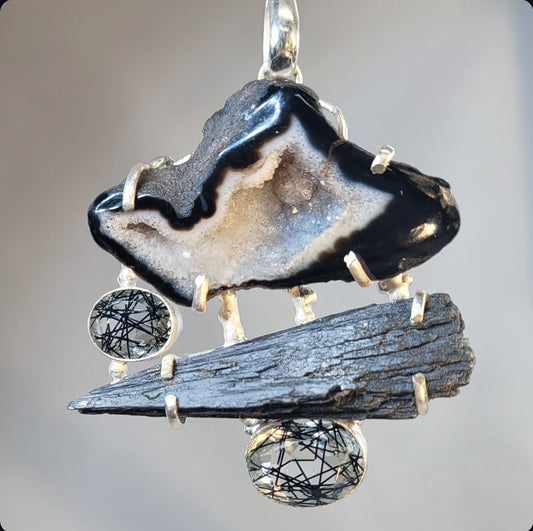 Black Rutilated Quartz, Black Kyanite, and Ocos Pendant