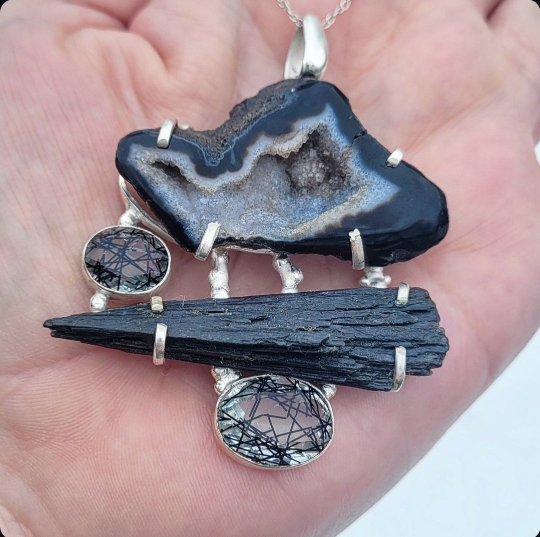 Black Rutilated Quartz, Black Kyanite, and Ocos Pendant