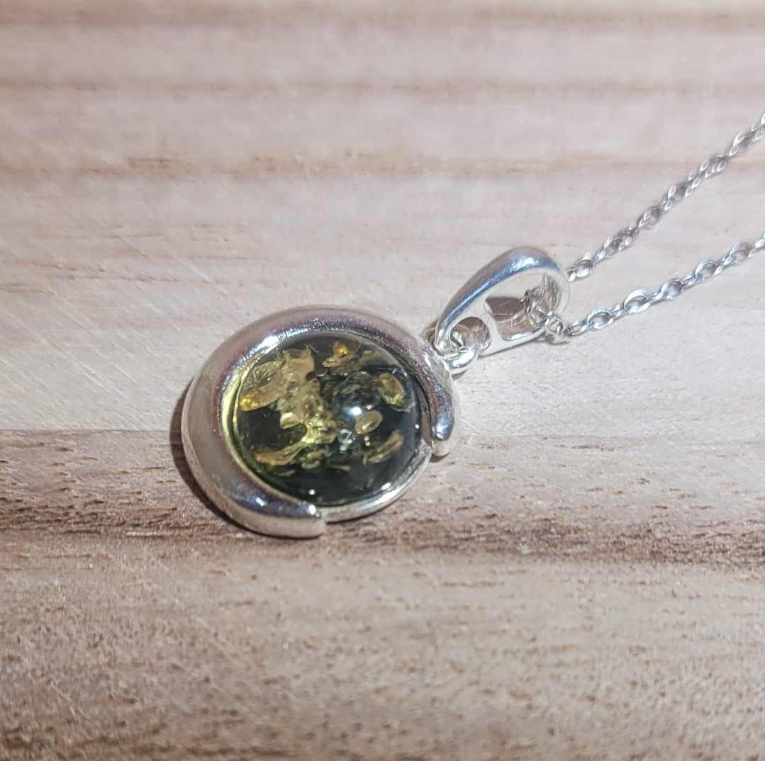 Green Amber Crescent Moon Pendant