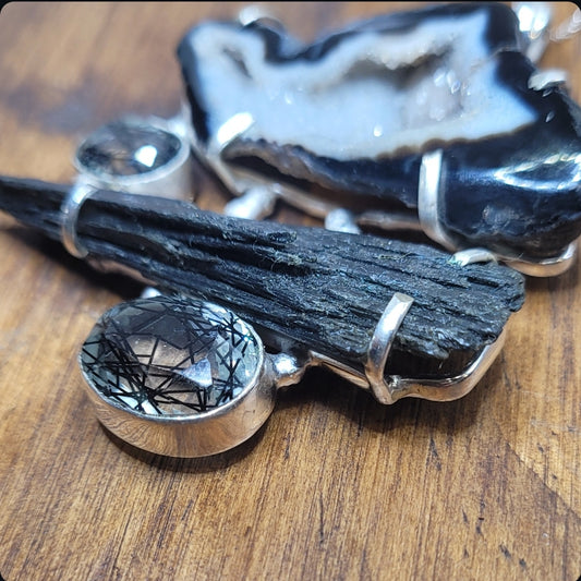 Black Rutilated Quartz, Black Kyanite, and Ocos Pendant