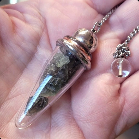Vintage moldavite glass vial pendulum