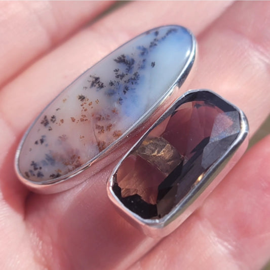 Dendritic agate and smokey quartz ring