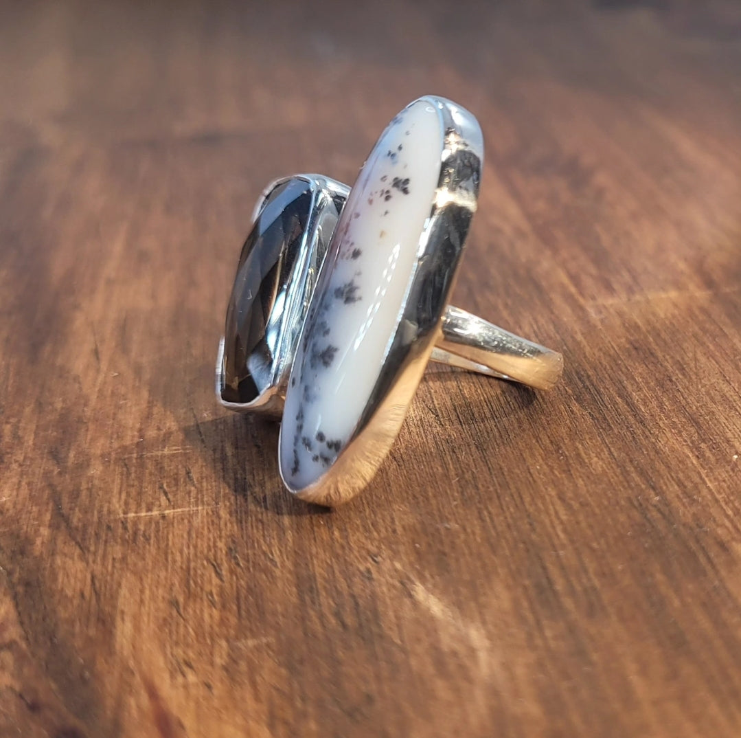Dendritic agate and smokey quartz ring