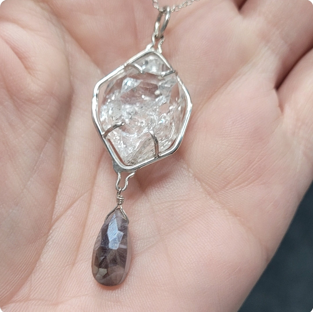 Herkimer Diamond and Black Moonstone Pendant