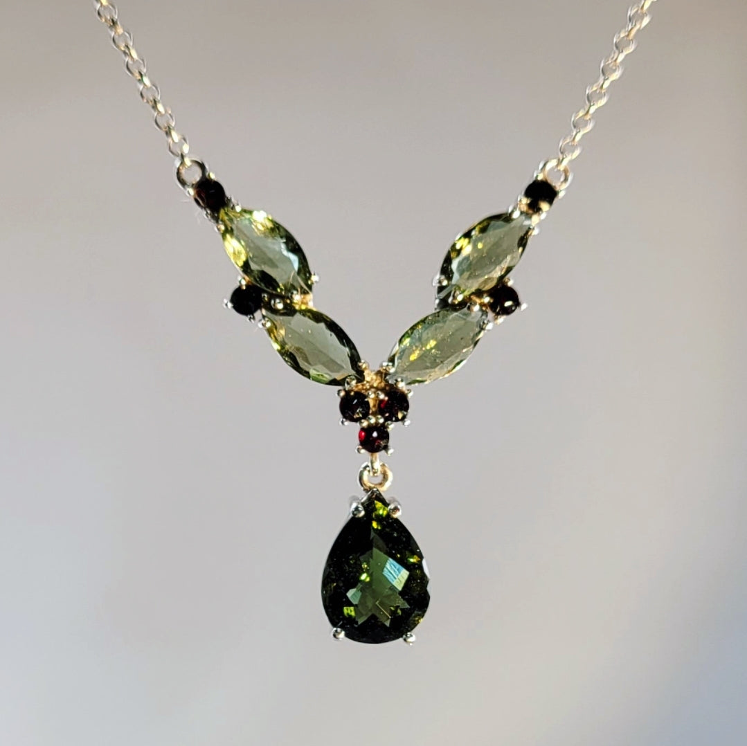 Moldavite and Garnet Necklace