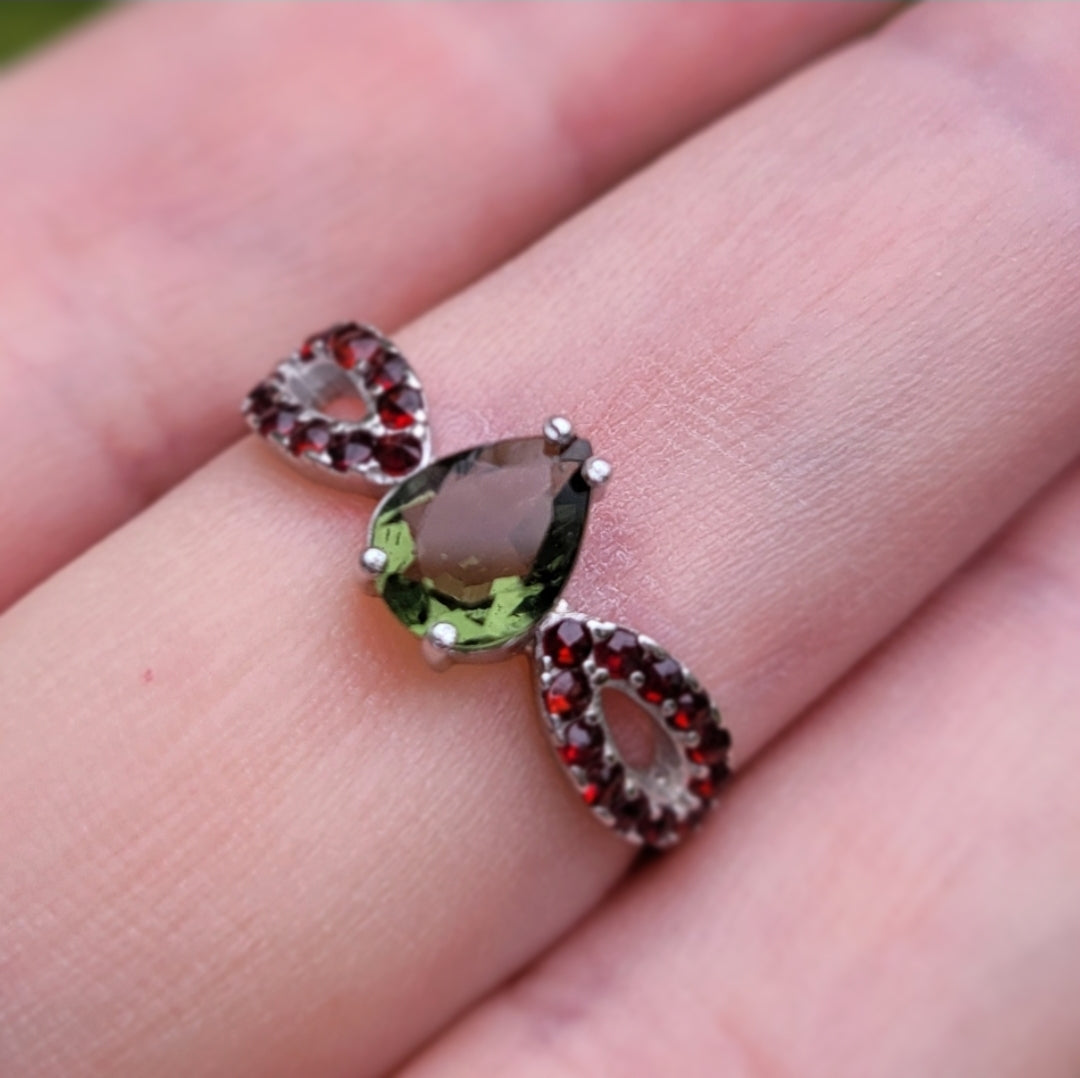 Moldavite and Garnet Ring