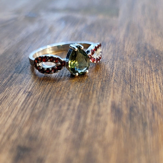 Moldavite and Garnet Ring