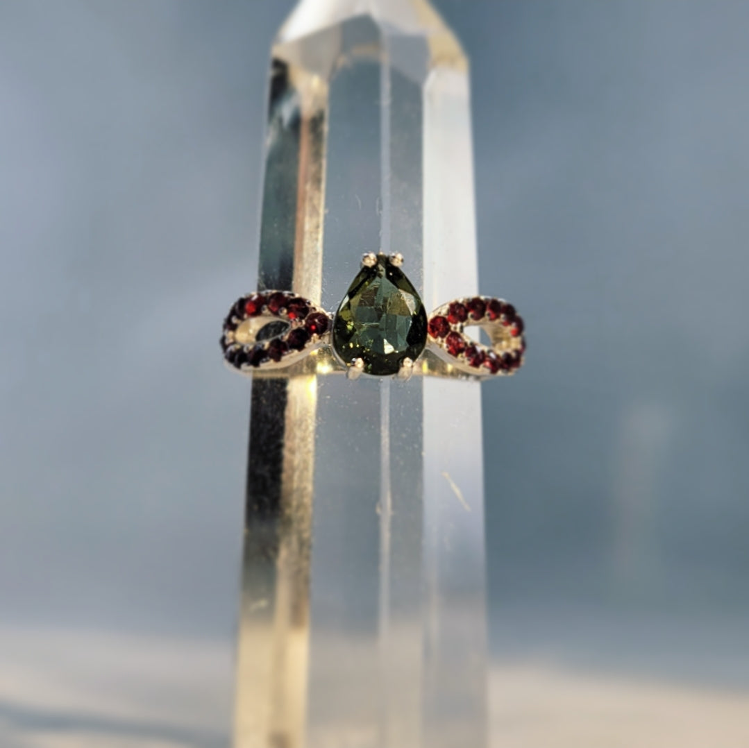 Moldavite and Garnet Ring