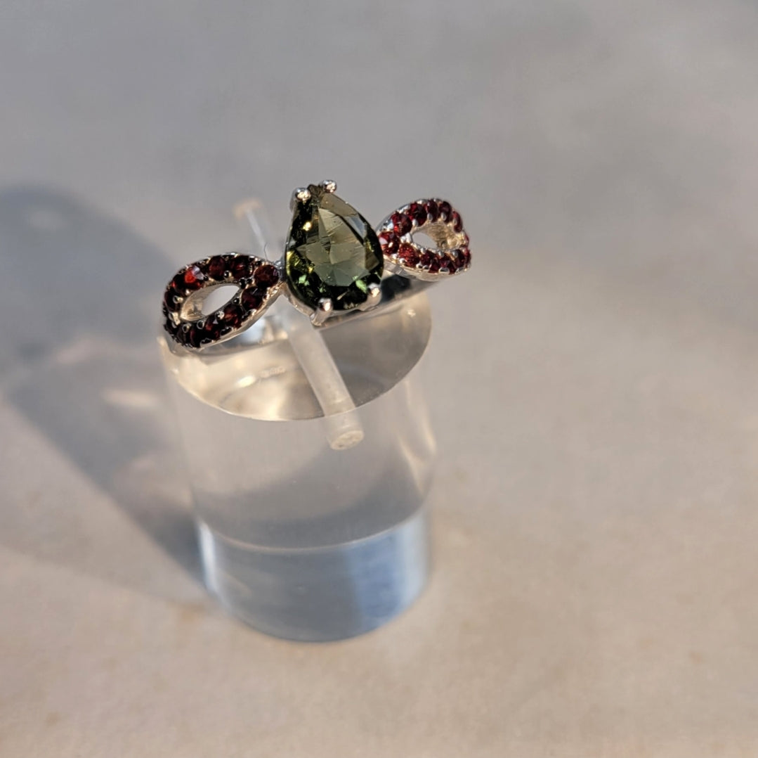 Moldavite and Garnet Ring