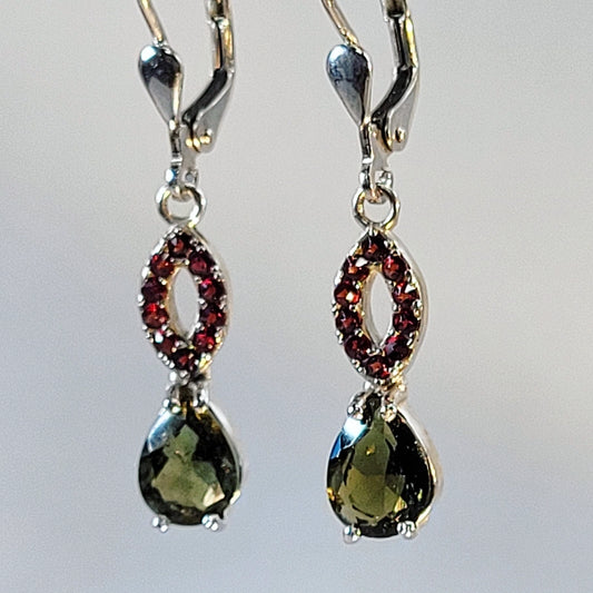 Moldavite and Garnet Earrings