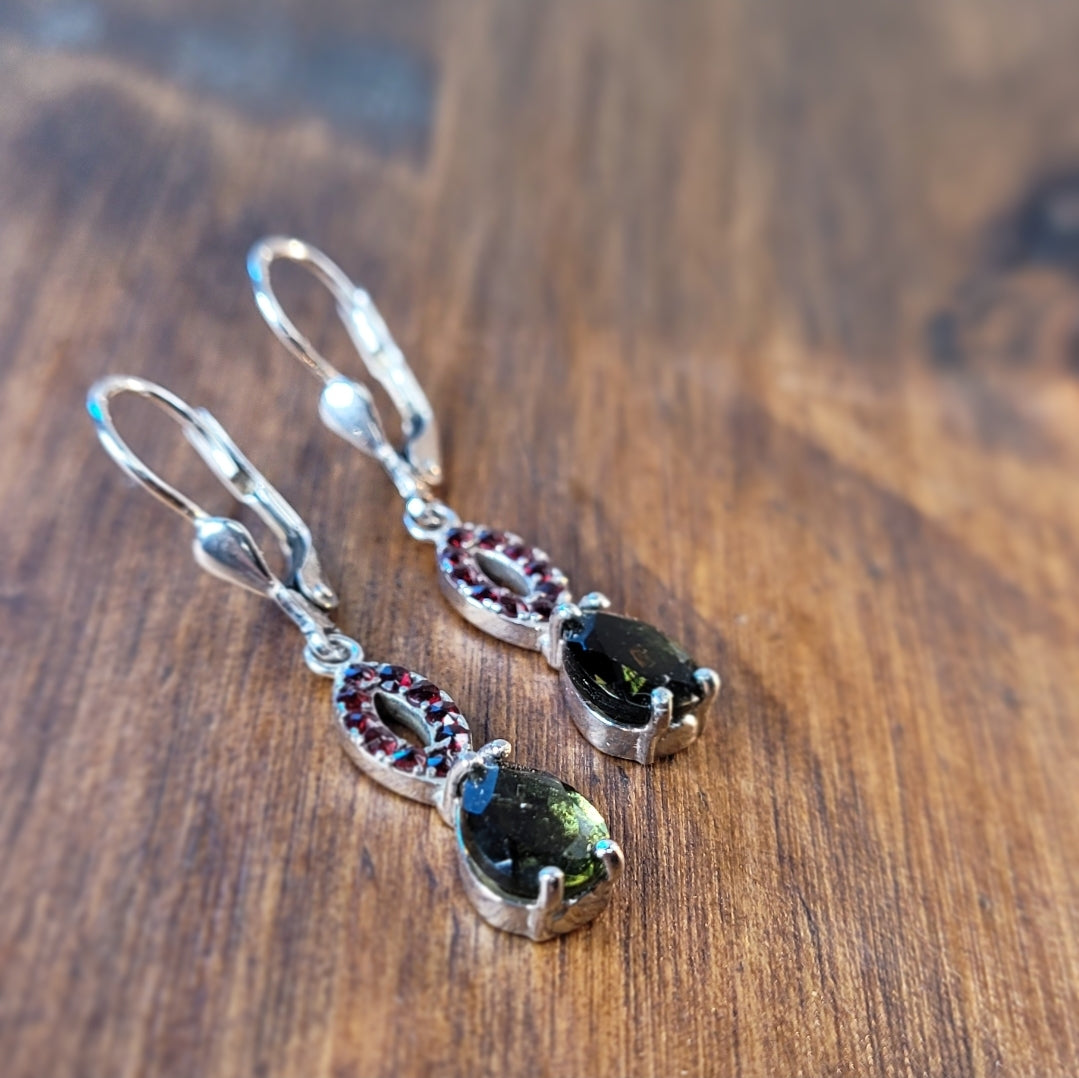Moldavite and Garnet Earrings