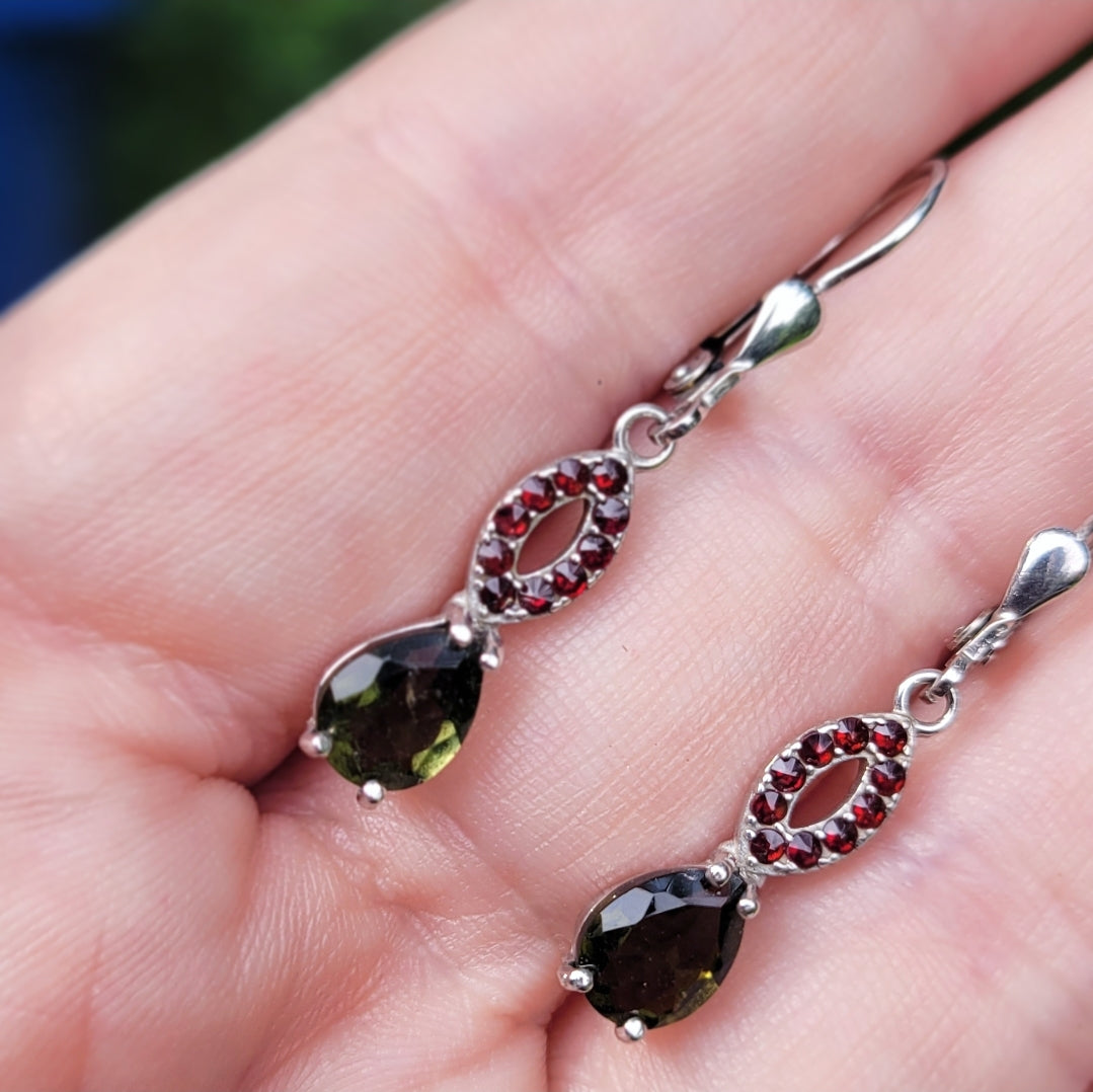 Moldavite and Garnet Earrings
