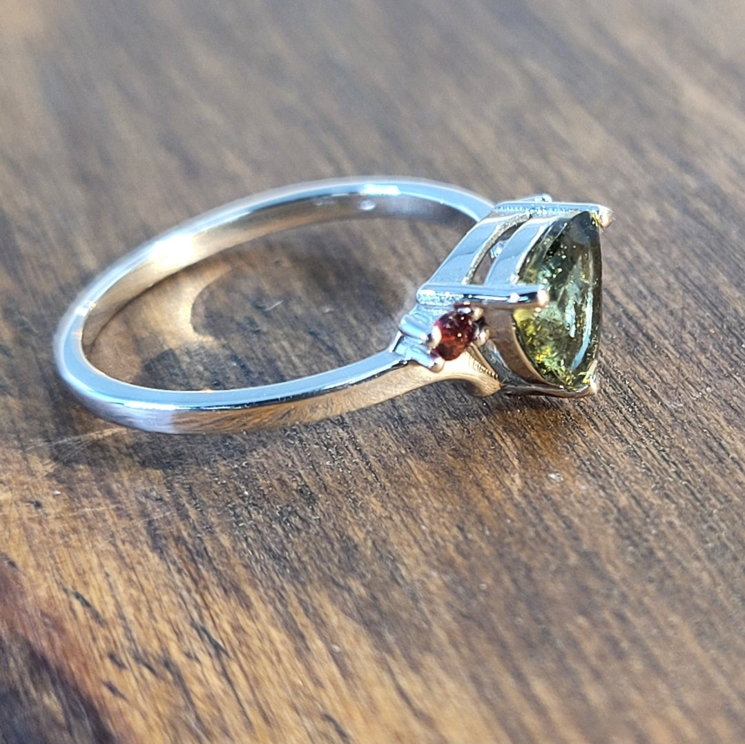Moldavite and Garnet Ring