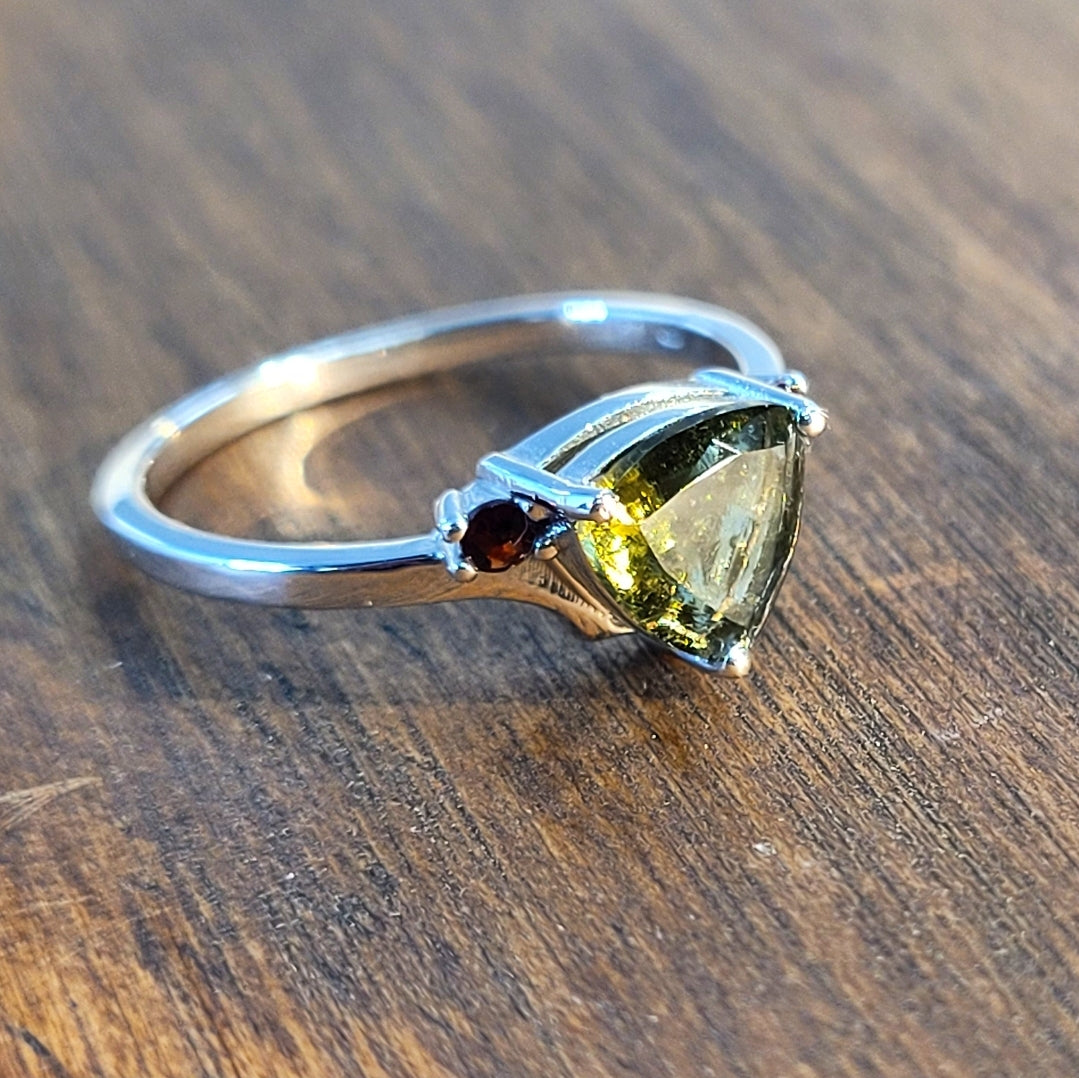 Moldavite and Garnet Ring
