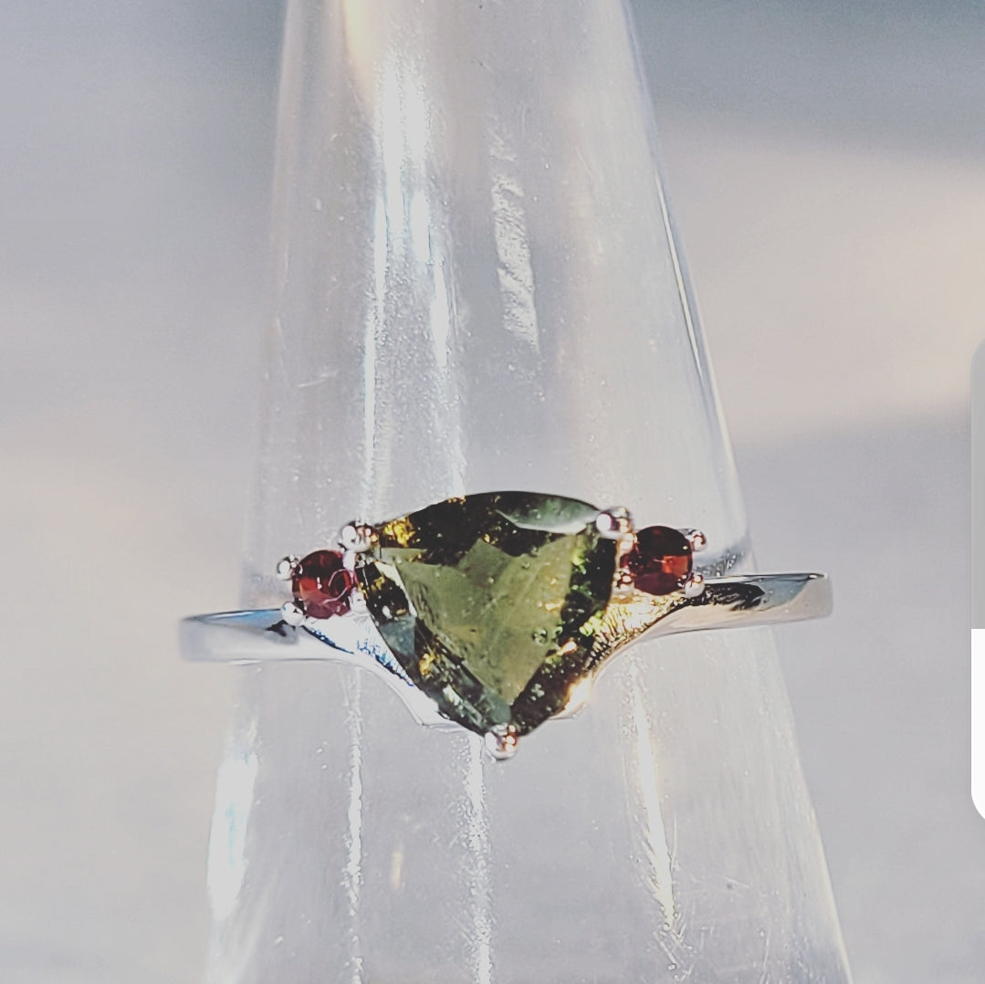 Moldavite and Garnet Ring