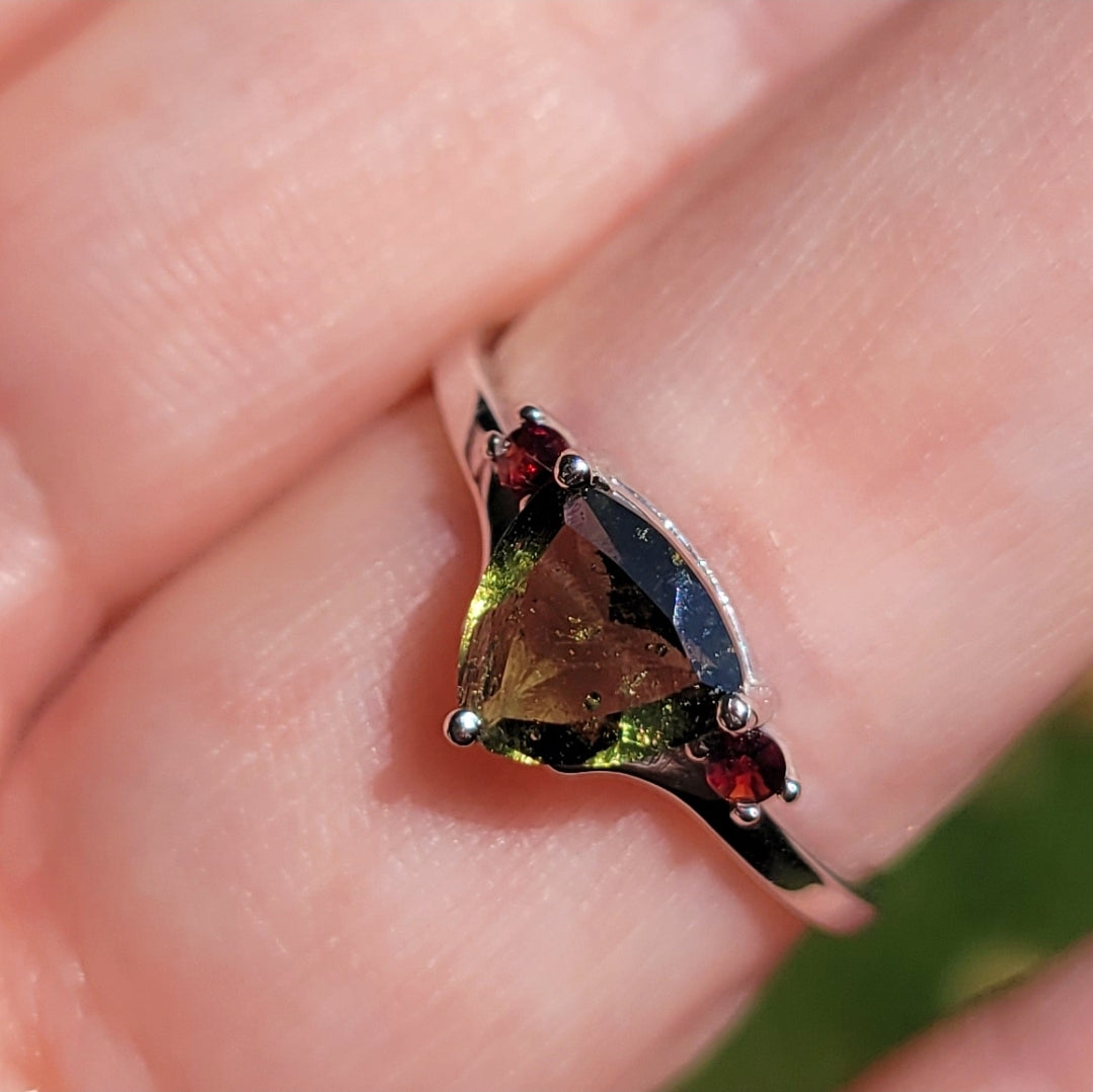 Moldavite and Garnet Ring