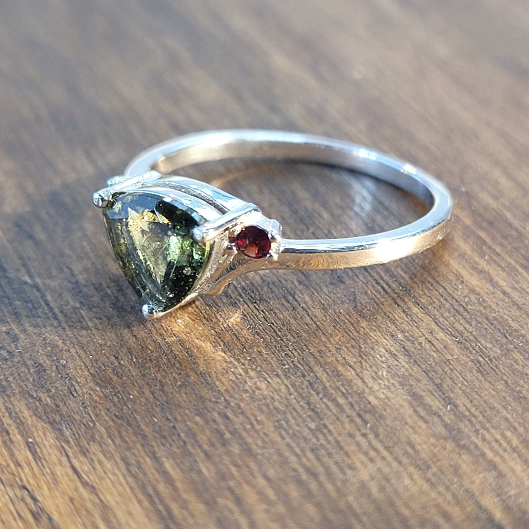 Moldavite and Garnet Ring