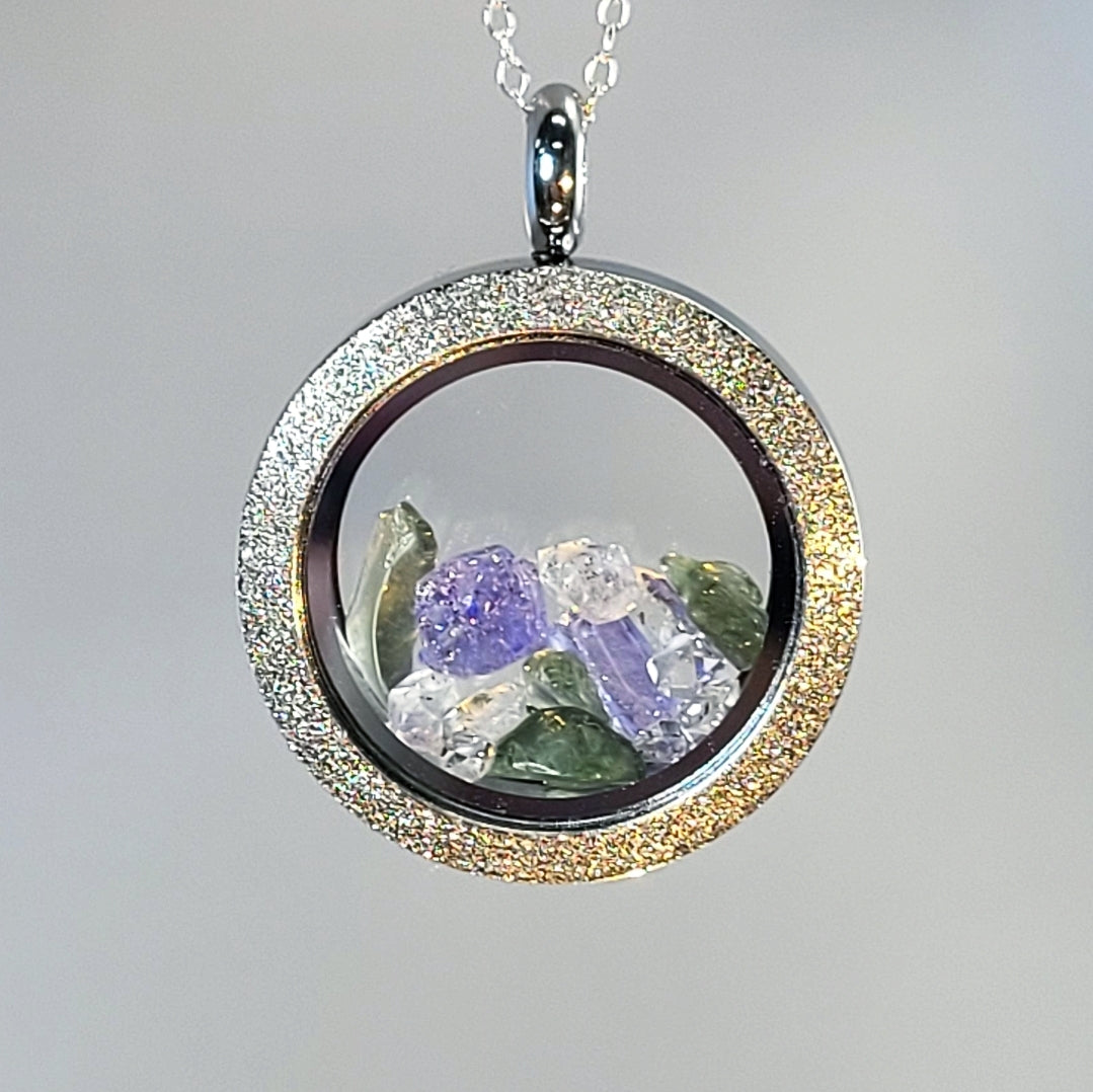 Reverseable Moldavite, Tanzanite and Herkimer Diamond Pendant