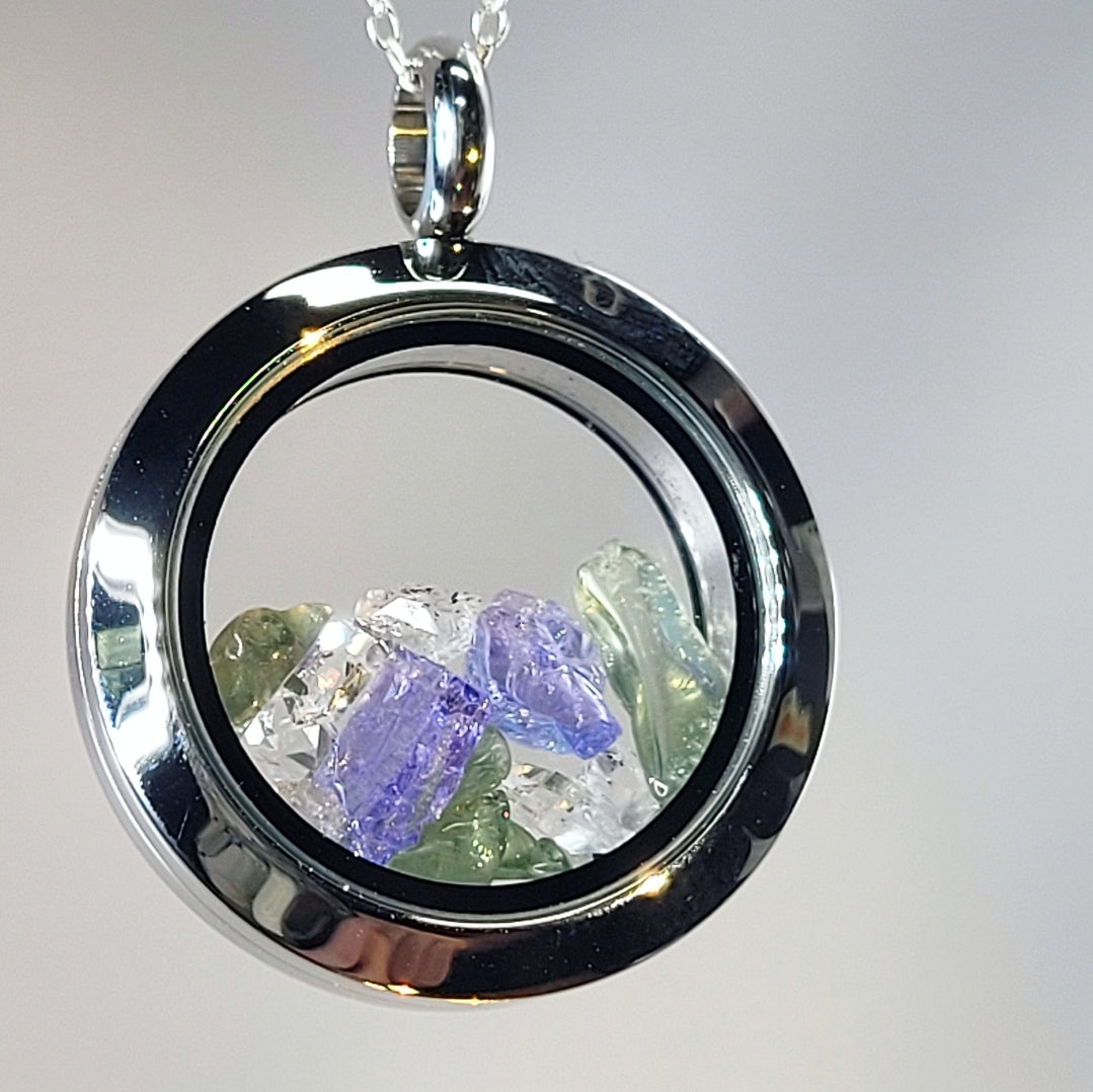 Reverseable Moldavite, Tanzanite and Herkimer Diamond Pendant