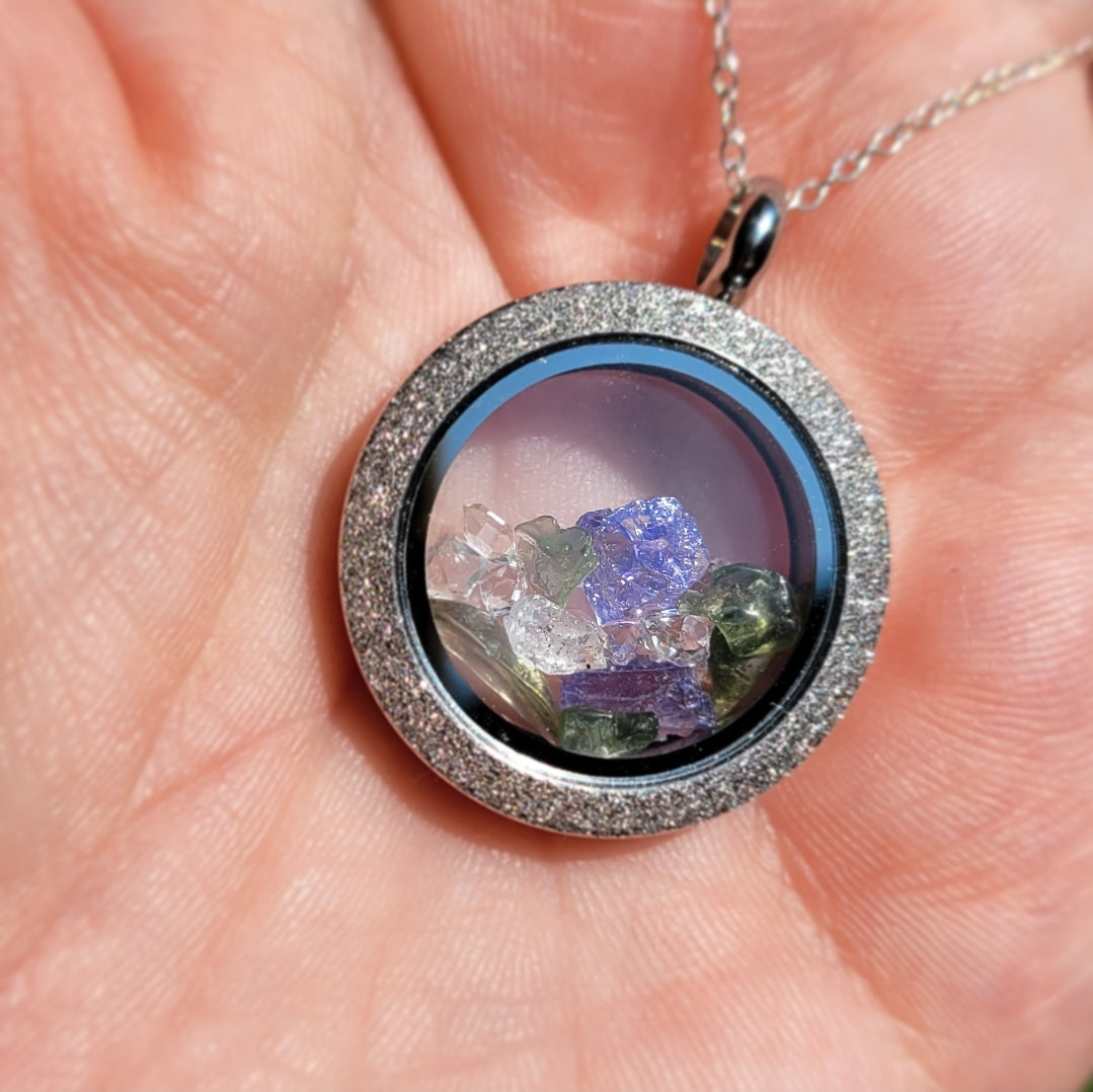 Reverseable Moldavite, Tanzanite and Herkimer Diamond Pendant