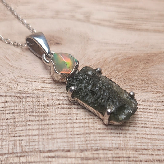 Moldavite and Opal Pendant