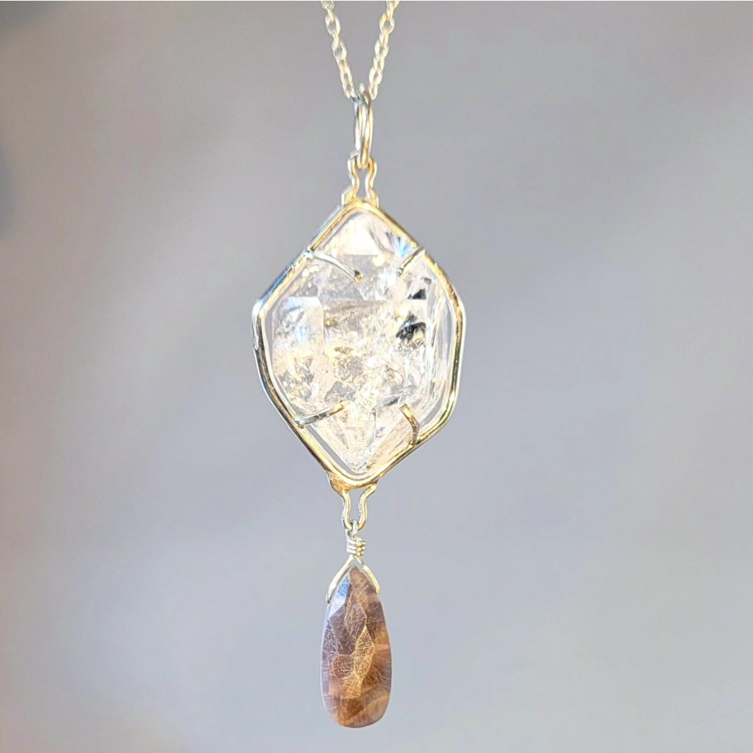 Herkimer Diamond and Black Moonstone Pendant