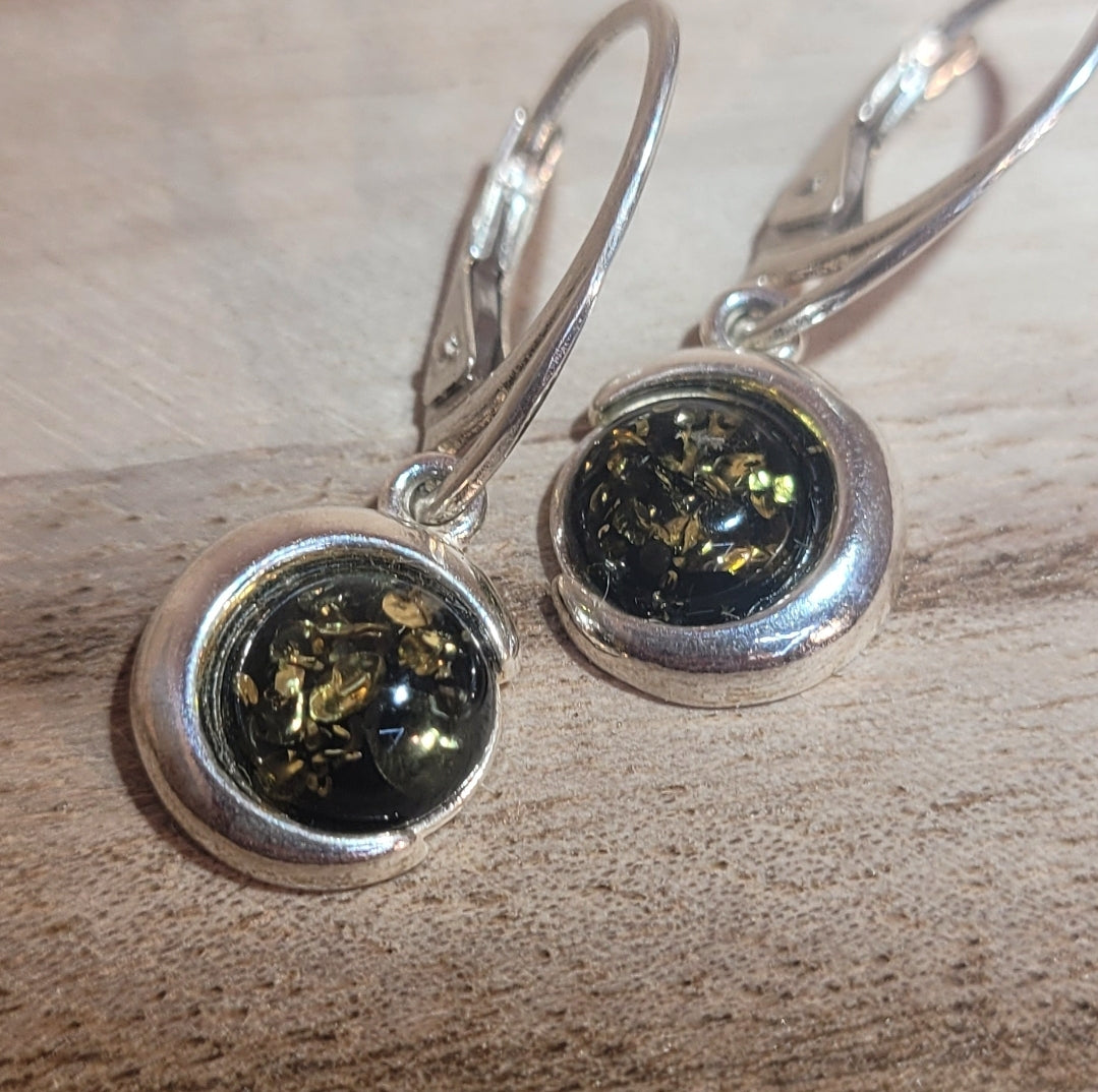 Green Amber Crescent Moon Earrings