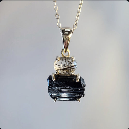 Black Tourmaline and Black Rutilated Quartz Pendant