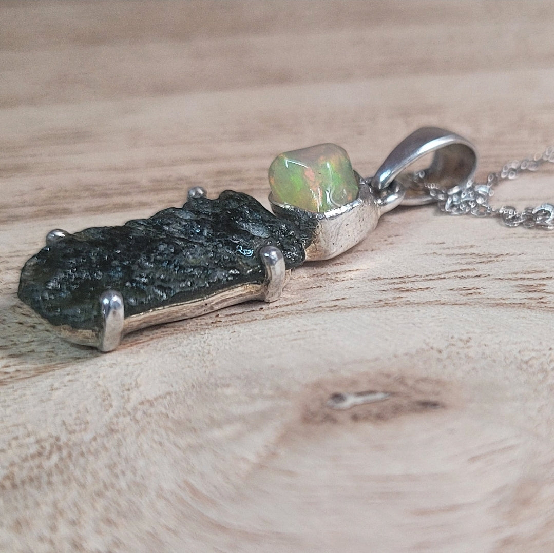 Moldavite and Opal Pendant