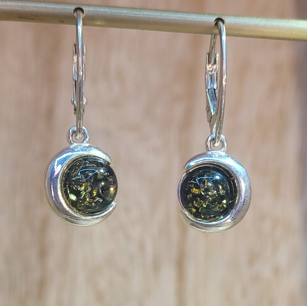 Green Amber Crescent Moon Earrings