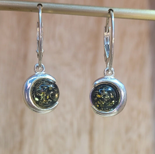 Green Amber Crescent Moon Earrings
