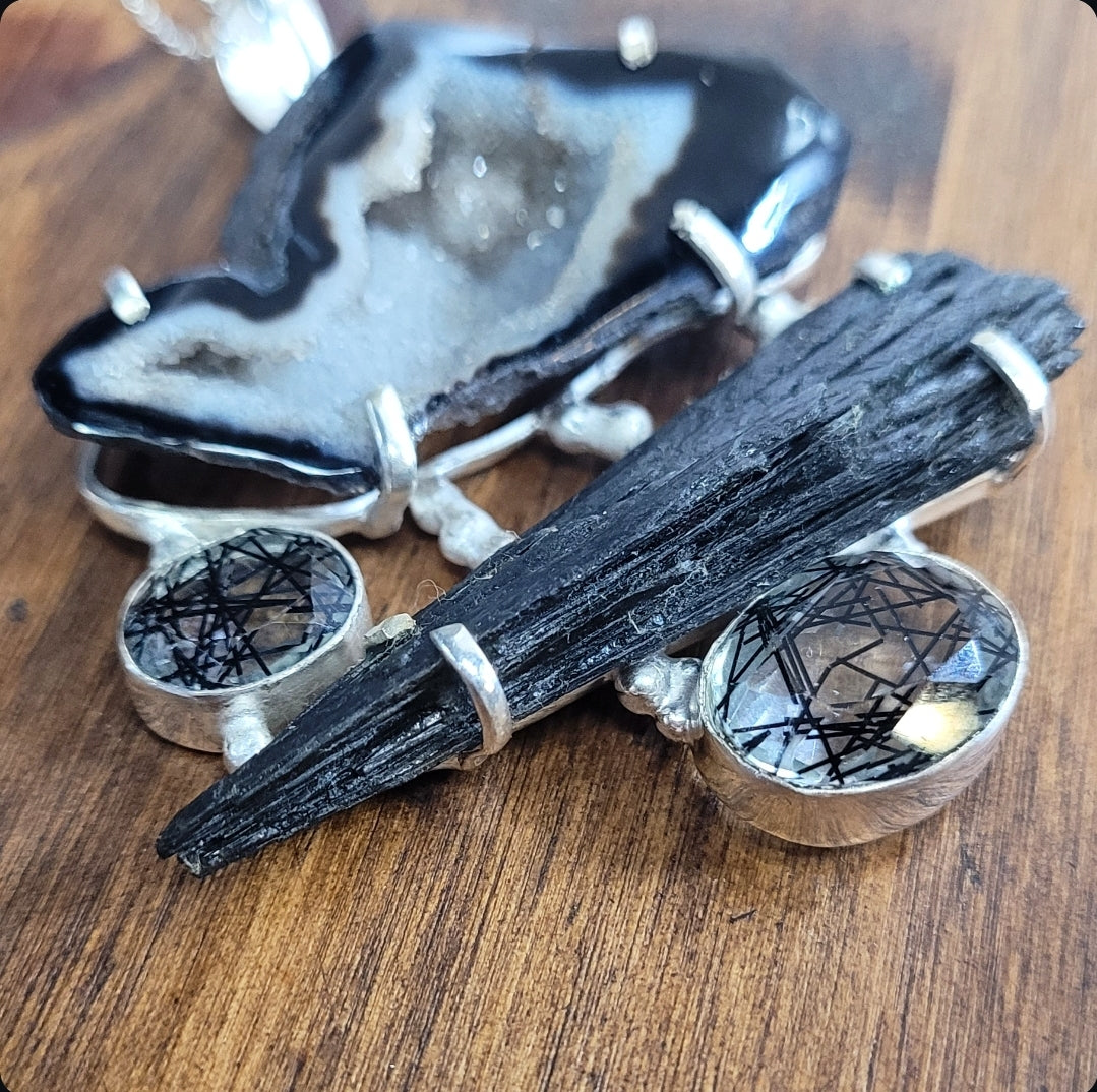 Black Rutilated Quartz, Black Kyanite, and Ocos Pendant