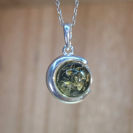Green Amber Crescent Moon Pendant