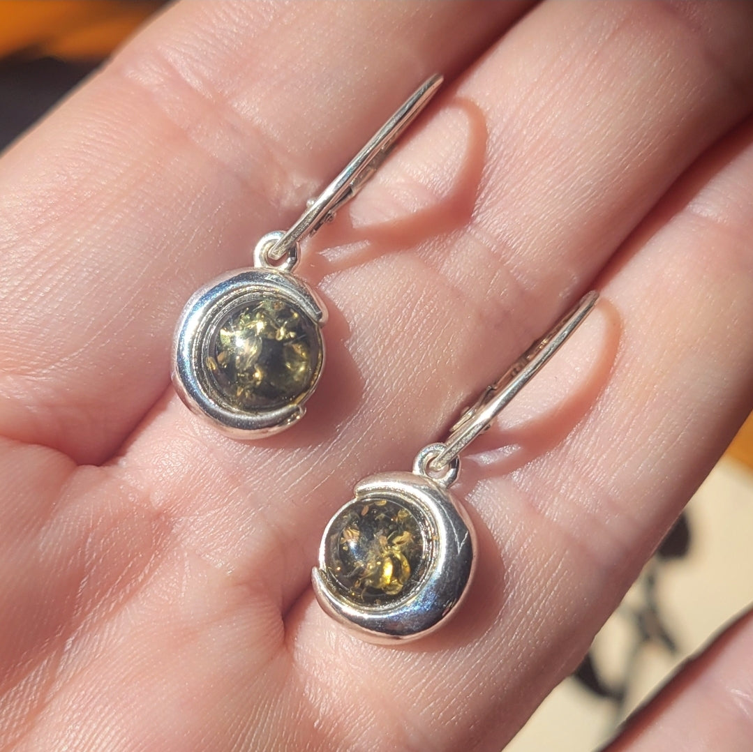 Green Amber Crescent Moon Earrings