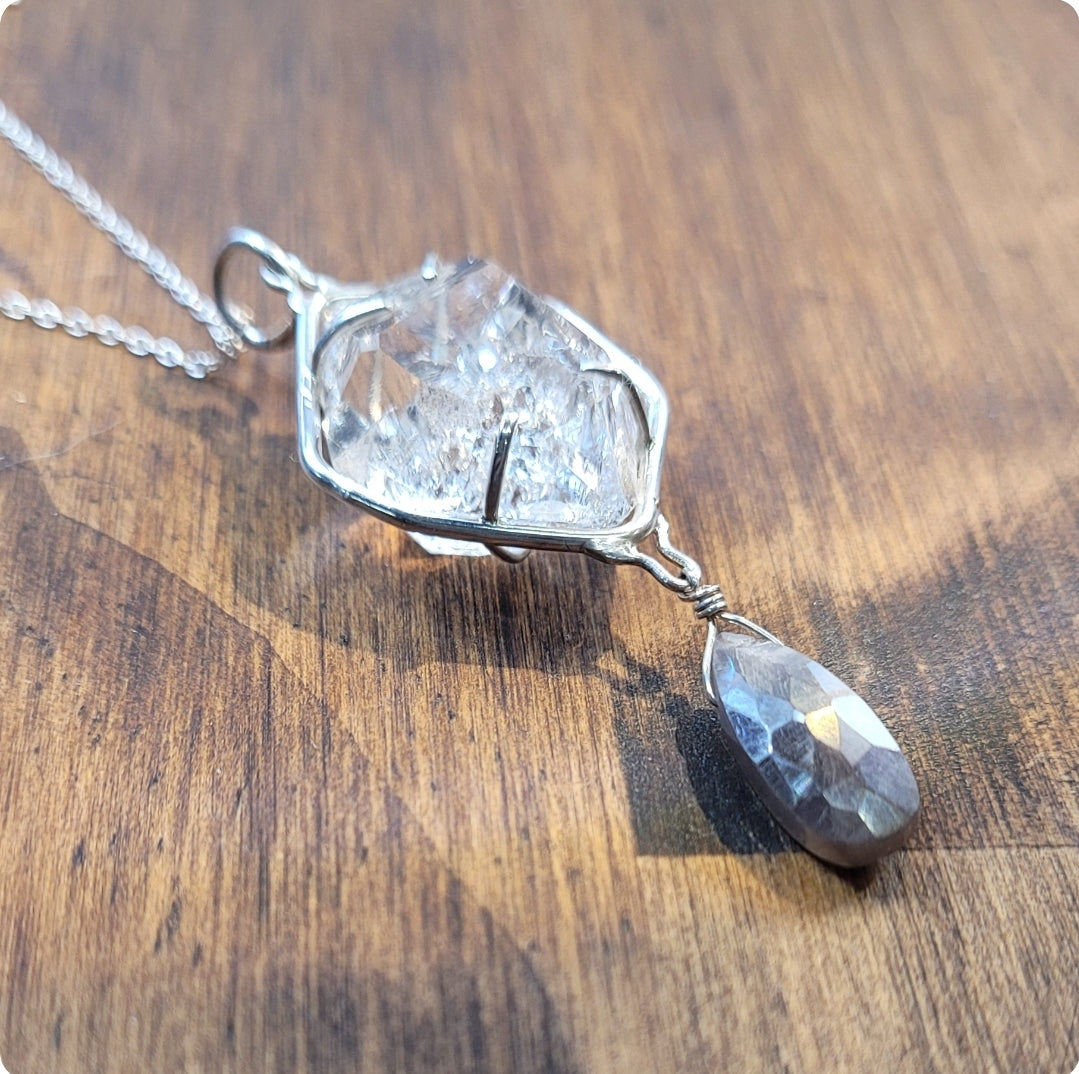 Herkimer Diamond and Black Moonstone Pendant