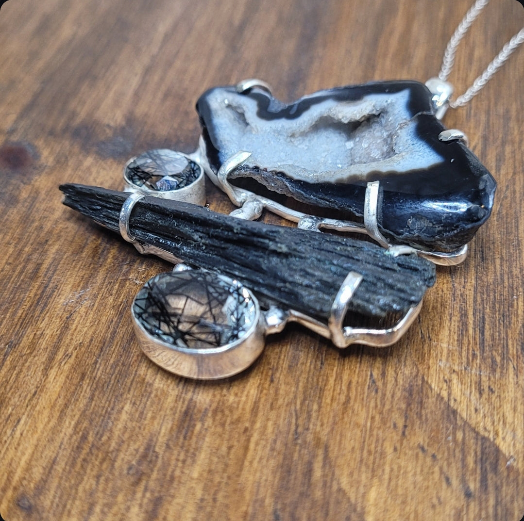 Black Rutilated Quartz, Black Kyanite, and Ocos Pendant