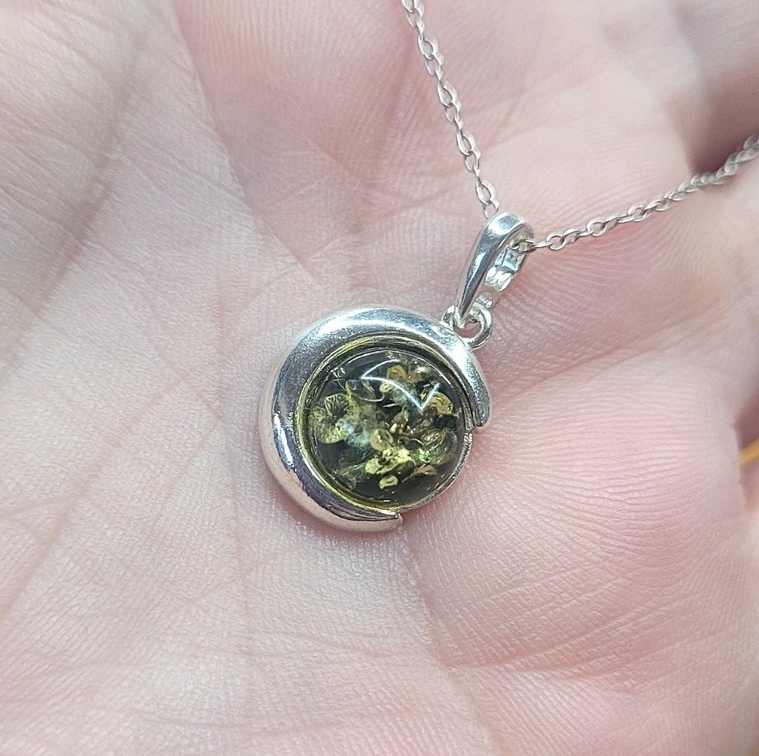 Green Amber Crescent Moon Pendant