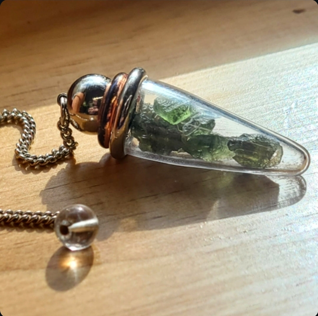 Vintage moldavite glass vial pendulum
