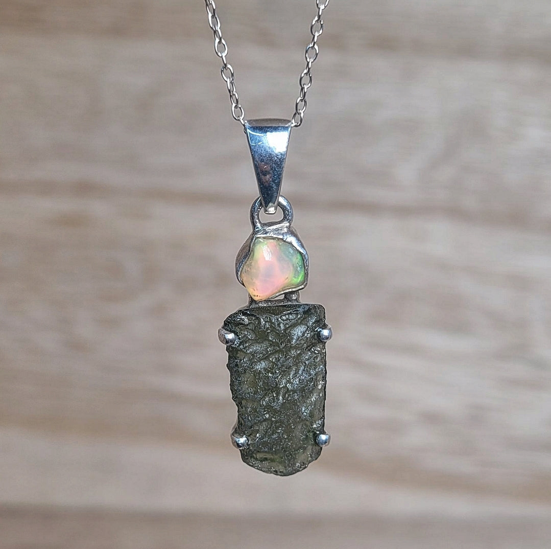 Moldavite and Opal Pendant