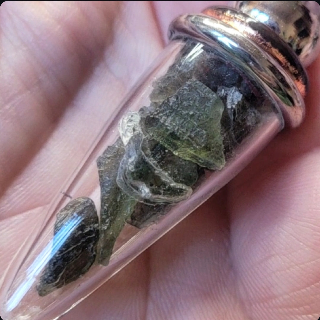 Vintage moldavite glass vial pendulum